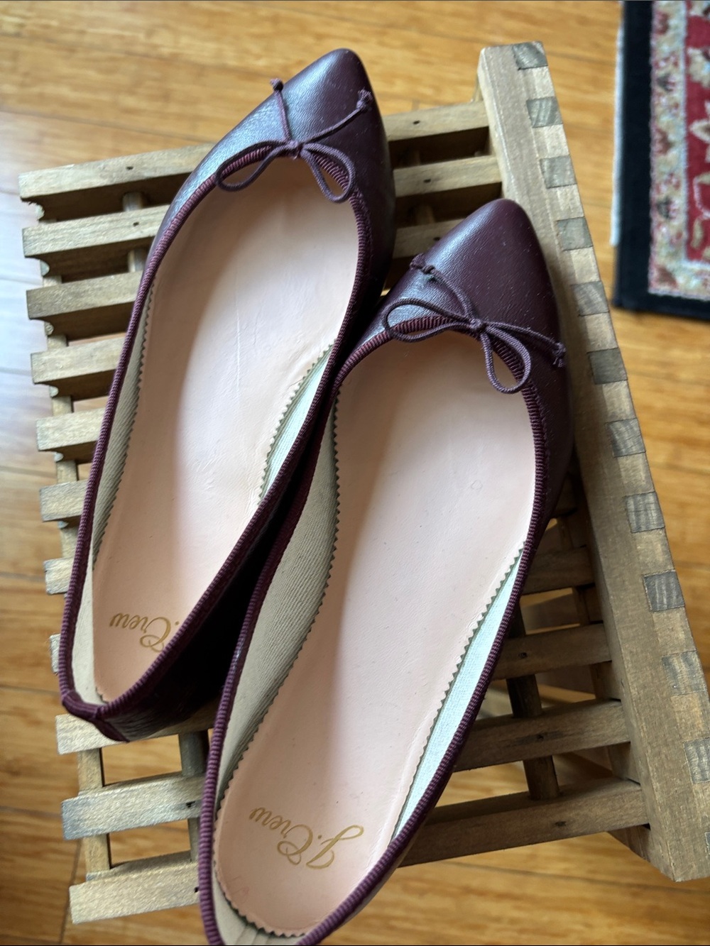 J. Crew Burgundy Leather Pointed Toe Ballet Flats with Bow
